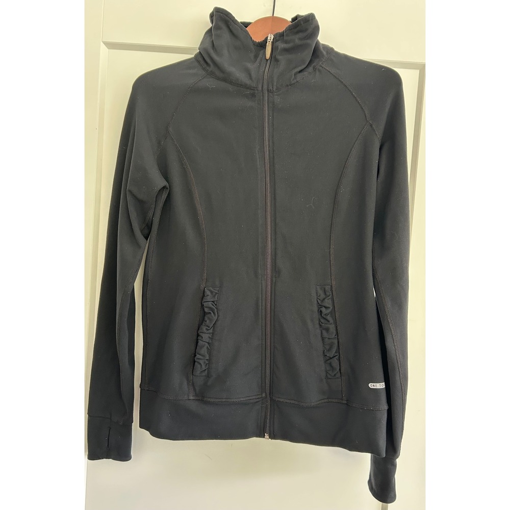 Black‎ One Tooth Full Zip Athletic Jacket Ruffle Pockets Activewear